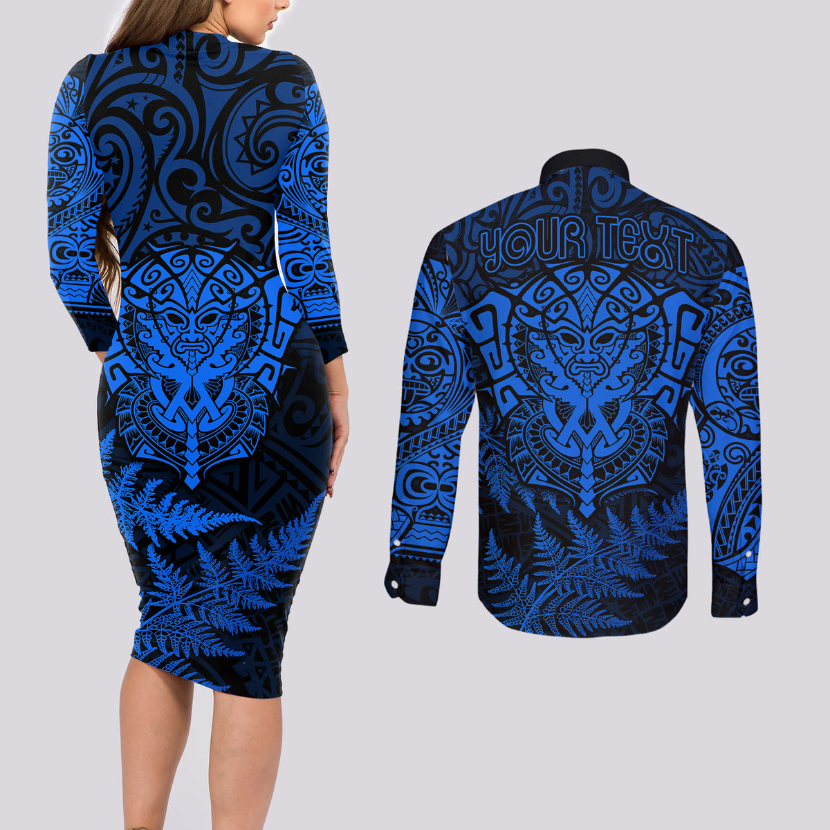 Personalised New Zealand Rugby Couples Matching Long Sleeve Bodycon Dress and Long Sleeve Button Shirts Silver Fern All Black Mix Ta Moko Blue Style LT9 - Polynesian Pride