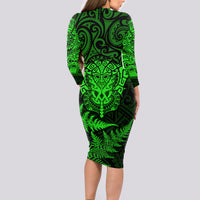 New Zealand Rugby Long Sleeve Bodycon Dress Silver Fern All Black Mix Ta Moko Green Style LT9 - Polynesian Pride