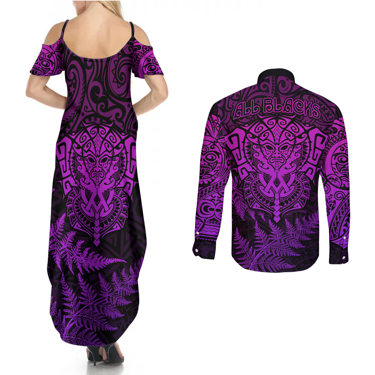 New Zealand Rugby Couples Matching Summer Maxi Dress and Long Sleeve Button Shirts Silver Fern All Black Mix Ta Moko Purple Style LT9 - Polynesian Pride