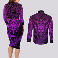 Personalised New Zealand Rugby Couples Matching Long Sleeve Bodycon Dress and Long Sleeve Button Shirts Silver Fern All Black Mix Ta Moko Purple Style LT9 - Polynesian Pride