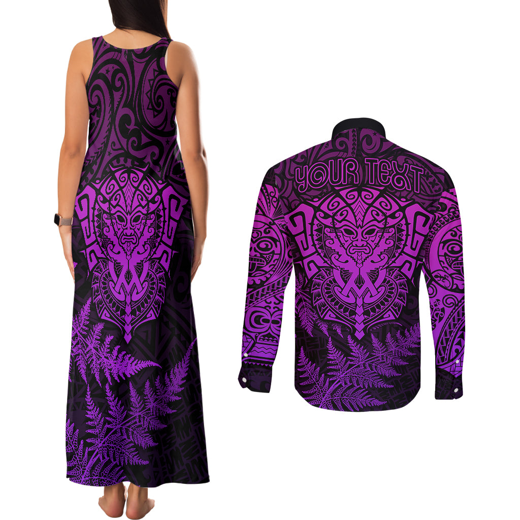 Personalised New Zealand Rugby Couples Matching Tank Maxi Dress and Long Sleeve Button Shirts Silver Fern All Black Mix Ta Moko Purple Style LT9 - Polynesian Pride