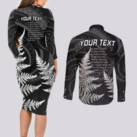 Personalised New Zealand Rugby Couples Matching Long Sleeve Bodycon Dress and Long Sleeve Button Shirts Aotearoa Ka Mate Haka All Black Mix Ta Moko White Style LT9 - Polynesian Pride