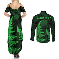 Personalised New Zealand Rugby Couples Matching Summer Maxi Dress and Long Sleeve Button Shirts Aotearoa Ka Mate Haka All Black Mix Ta Moko Green Style LT9 - Polynesian Pride