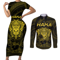 Personalised New Zealand Rugby Couples Matching Short Sleeve Bodycon Dress and Long Sleeve Button Shirts Aotearoa Ka Mate Haka All Black Mix Ta Moko Gold Style LT9 Gold - Polynesian Pride