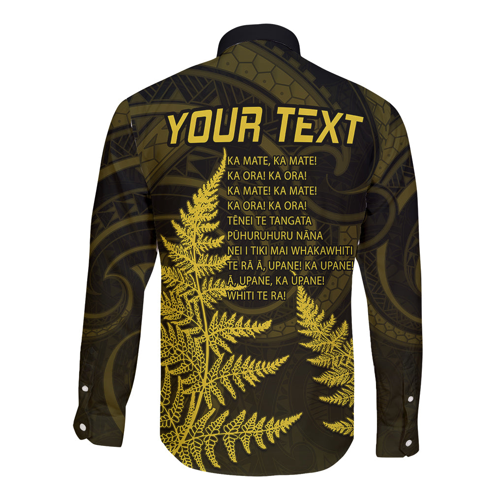 Personalised New Zealand Rugby Long Sleeve Button Shirt Aotearoa Ka Mate Haka All Black Mix Ta Moko Gold Style LT9 - Polynesian Pride