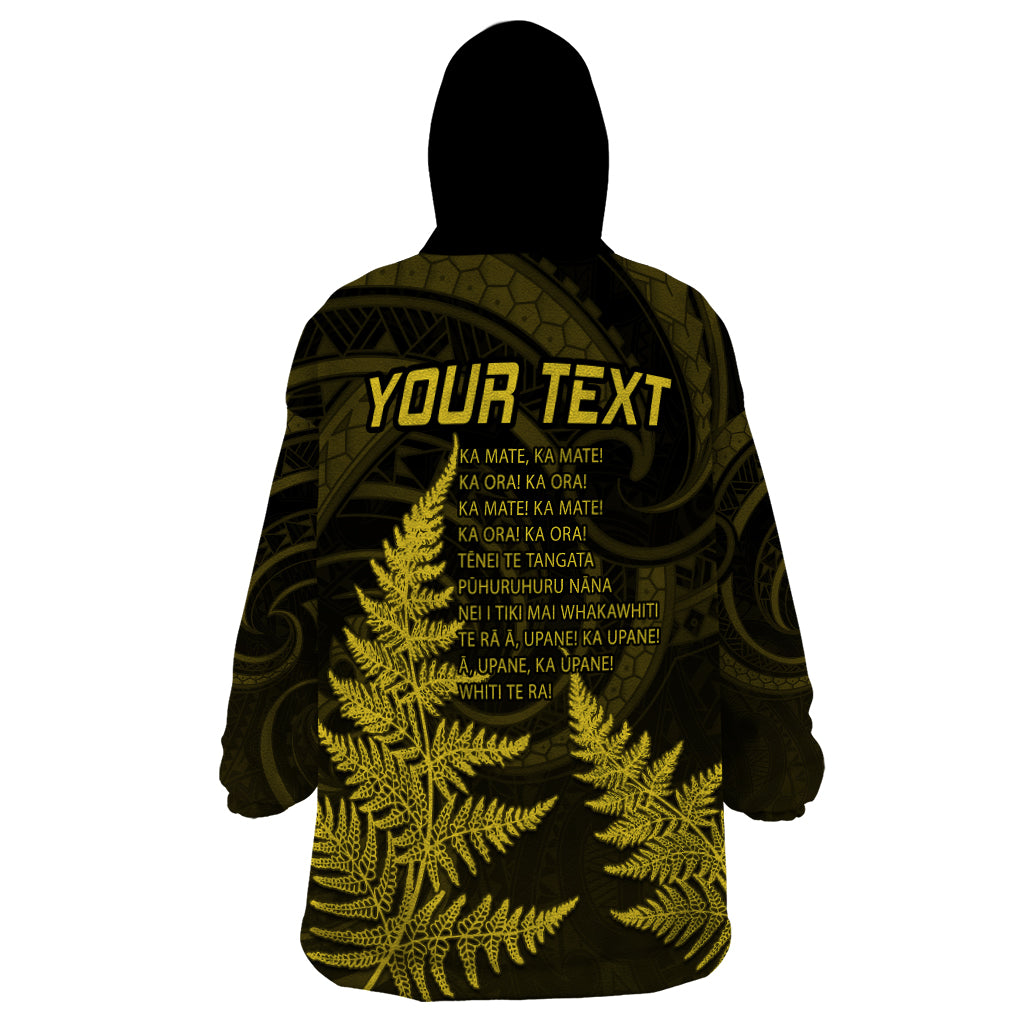 Personalised New Zealand Rugby Wearable Blanket Hoodie Aotearoa Ka Mate Haka All Black Mix Ta Moko Gold Style LT9 - Polynesian Pride