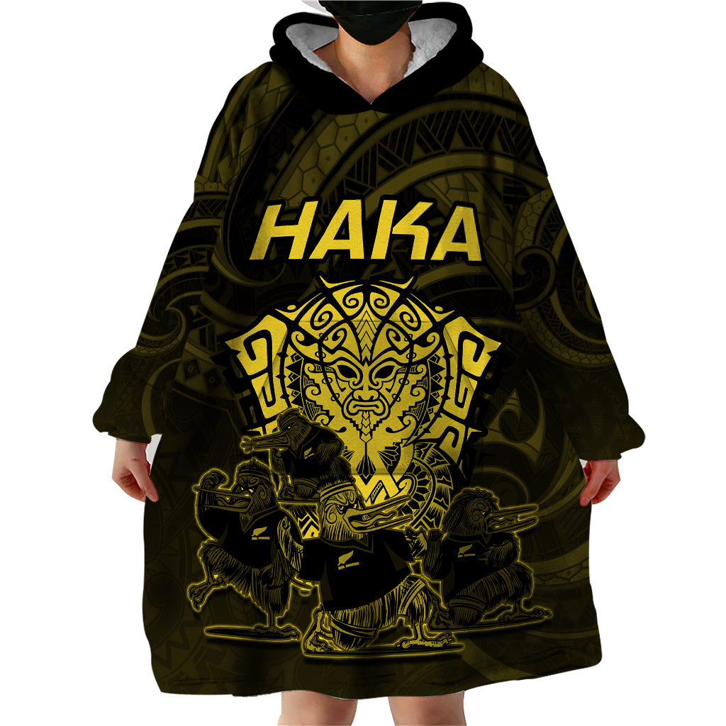 Personalised New Zealand Rugby Wearable Blanket Hoodie Aotearoa Ka Mate Haka All Black Mix Ta Moko Gold Style LT9 - Polynesian Pride