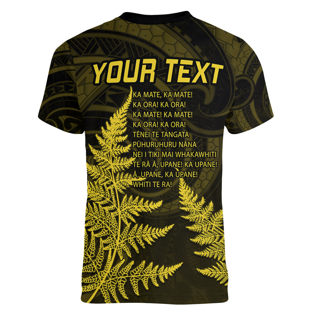 Personalised New Zealand Rugby Women V Neck T Shirt Aotearoa Ka Mate Haka All Black Mix Ta Moko Gold Style LT9 - Polynesian Pride