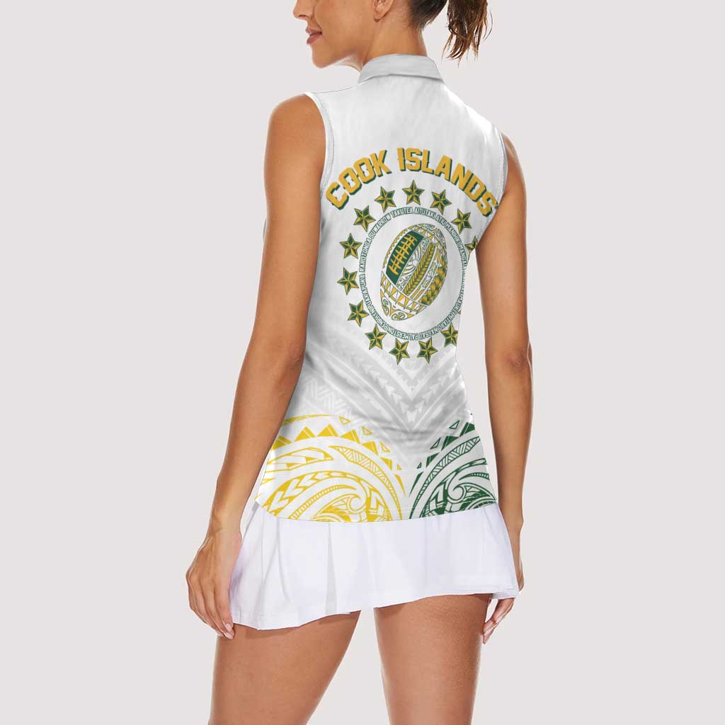 World Rugby Cook Islands Women Sleeveless Polo Shirt White Polynesian Tribal Pattern - Polynesian Pride