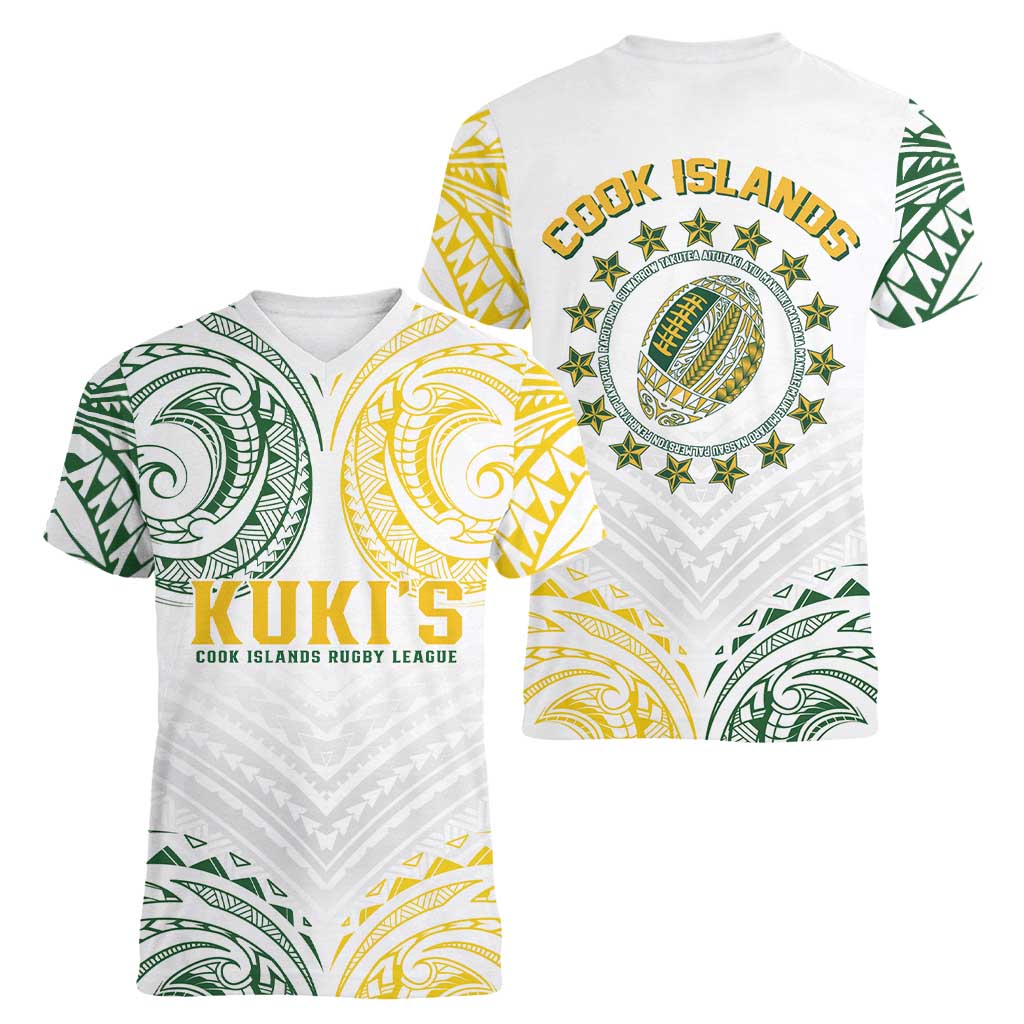 World Rugby Cook Islands Women V-Neck T-Shirt White Polynesian Tribal Pattern - Polynesian Pride
