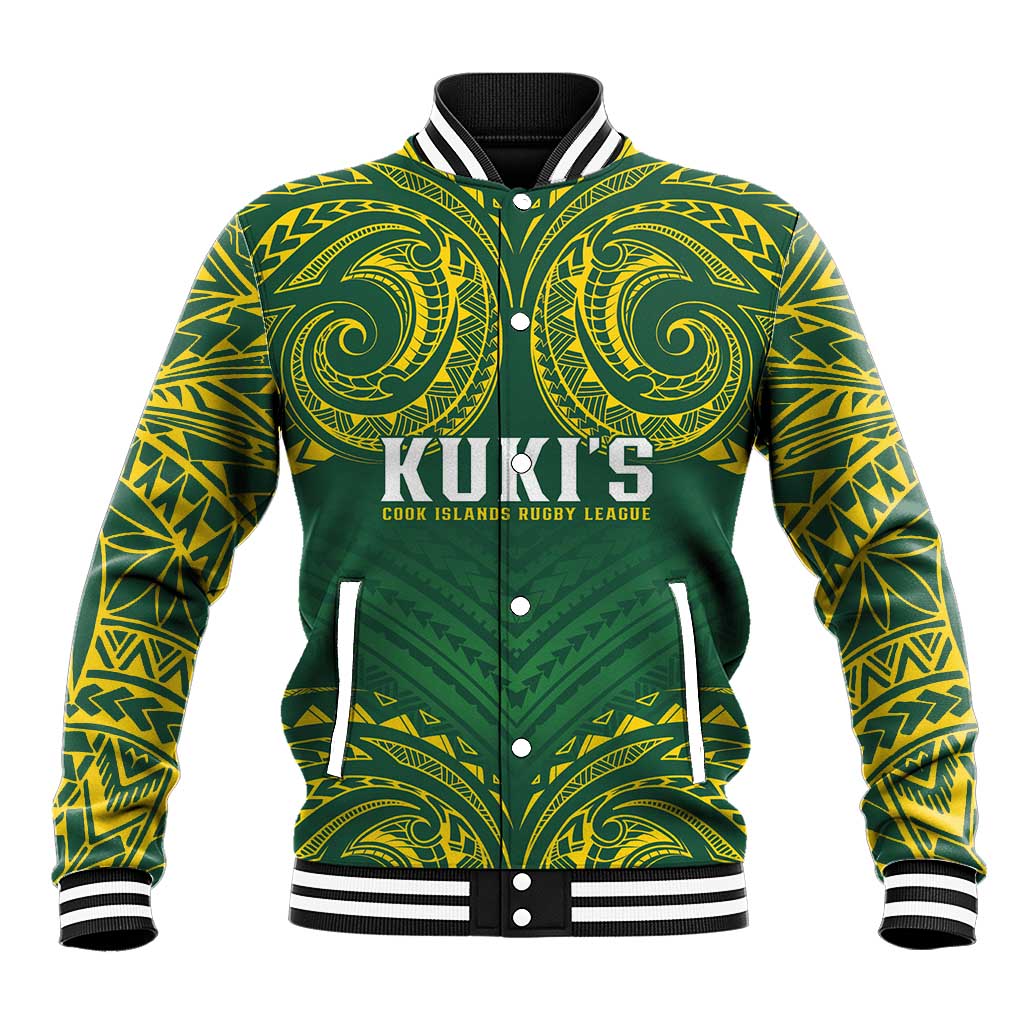 World Rugby Cook Islands Baseball Jacket Green Polynesian Tribal Pattern - Polynesian Pride