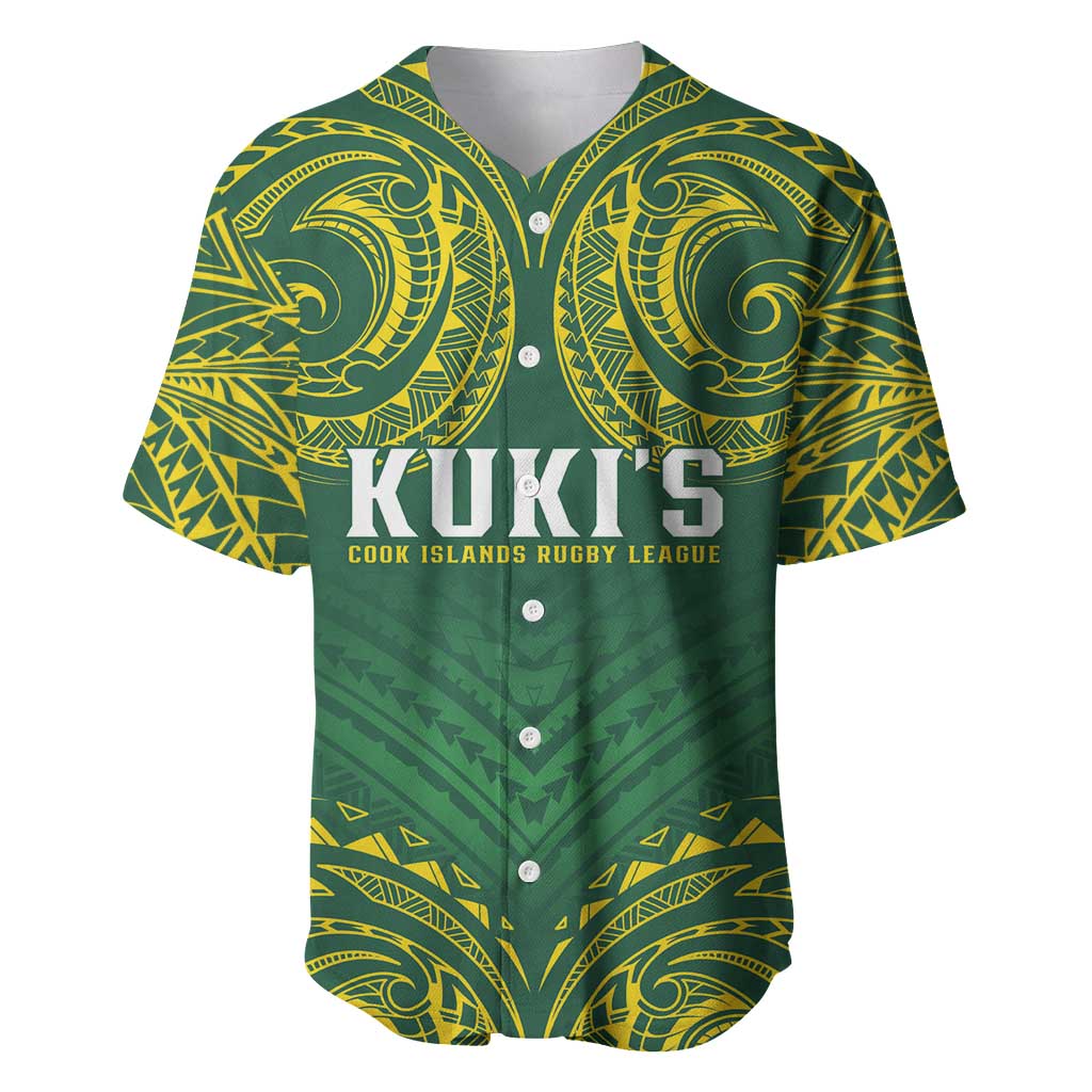 World Rugby Cook Islands Baseball Jersey Green Polynesian Tribal Pattern - Polynesian Pride