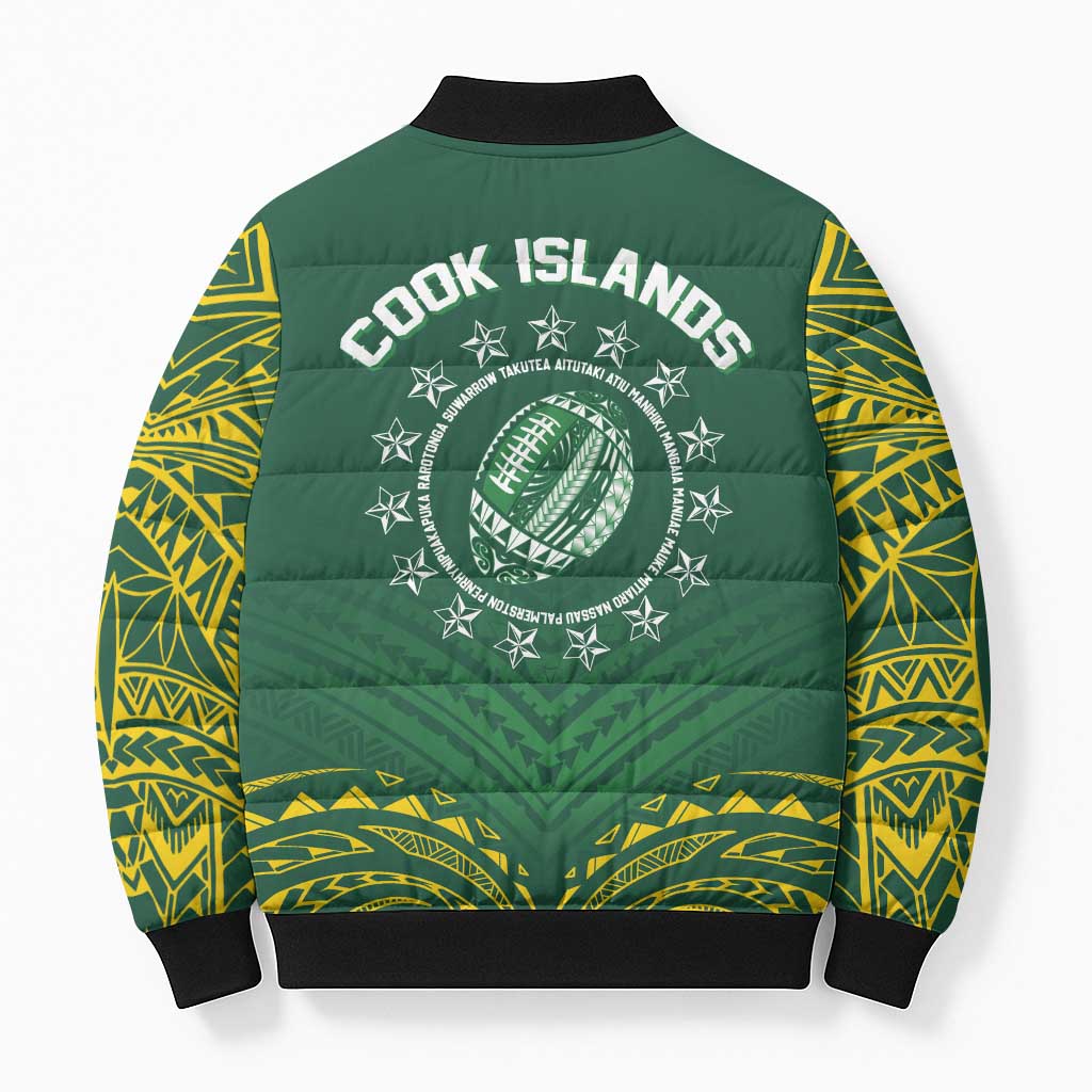 World Rugby Cook Islands Bomber Puffer Jacket Green Polynesian Tribal Pattern - Polynesian Pride
