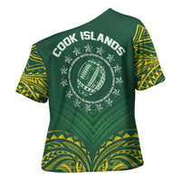 World Rugby Cook Islands Cross Shoulder Shirt Green Polynesian Tribal Pattern - Polynesian Pride