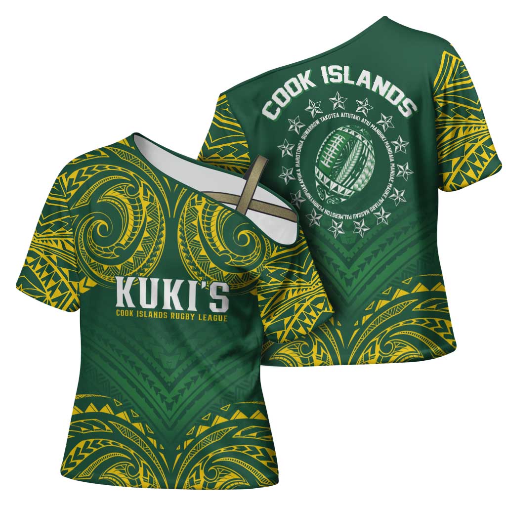 World Rugby Cook Islands Cross Shoulder Shirt Green Polynesian Tribal Pattern - Polynesian Pride