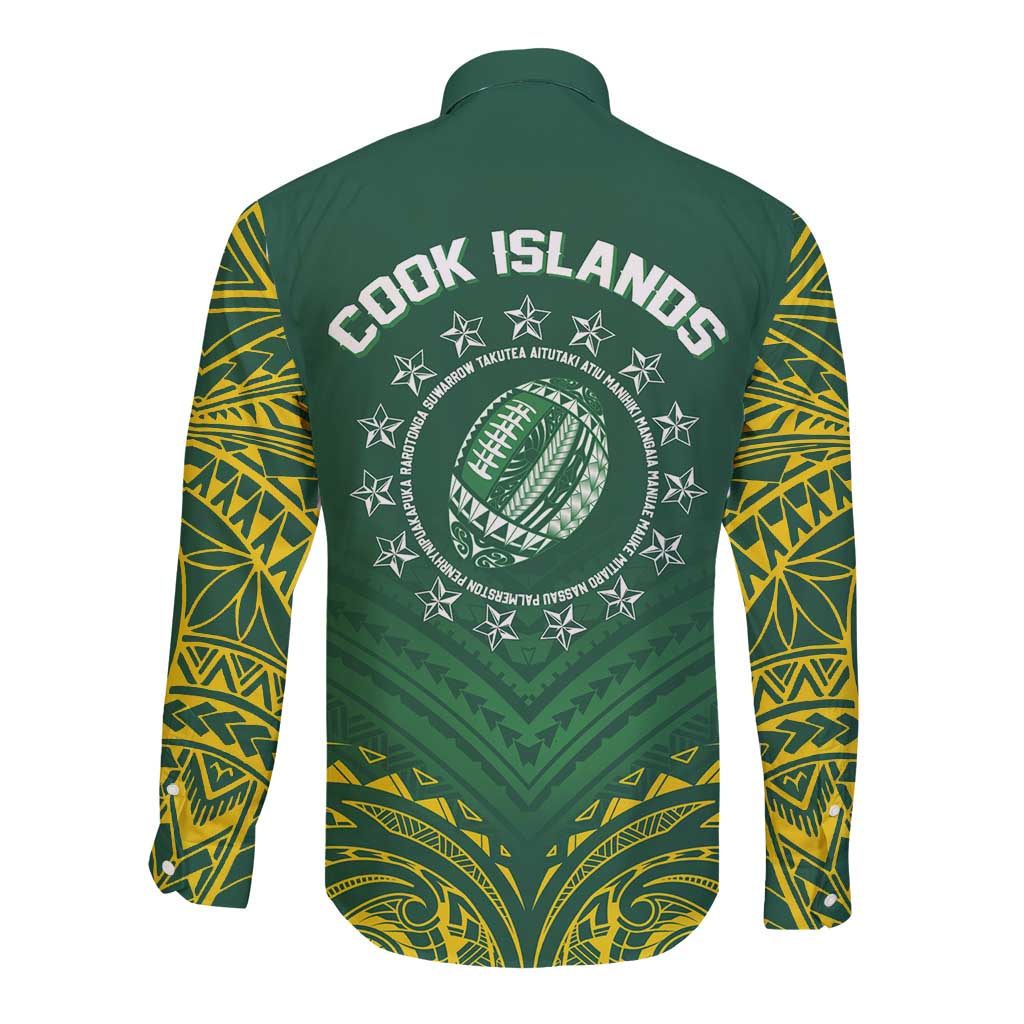World Rugby Cook Islands Long Sleeve Button Shirt Green Polynesian Tribal Pattern - Polynesian Pride