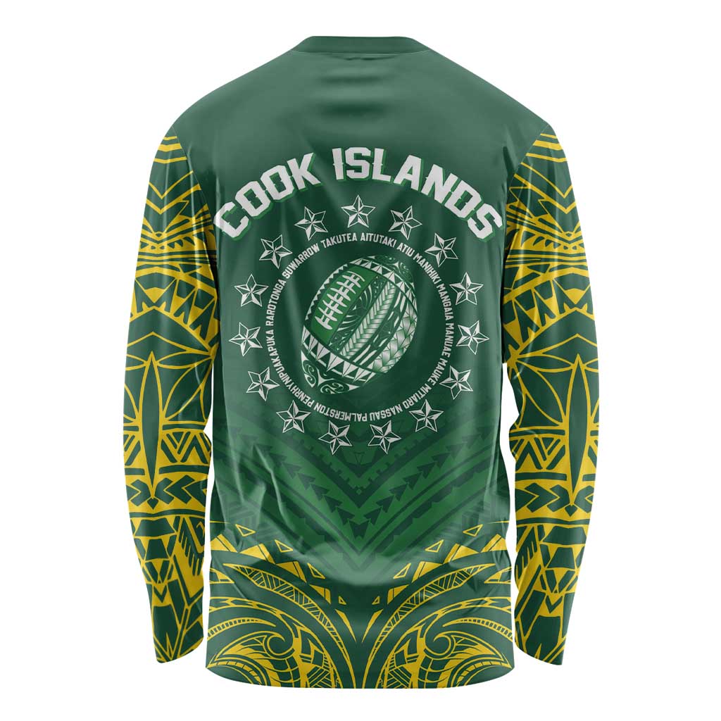 World Rugby Cook Islands Long Sleeve Shirt Green Polynesian Tribal Pattern - Polynesian Pride