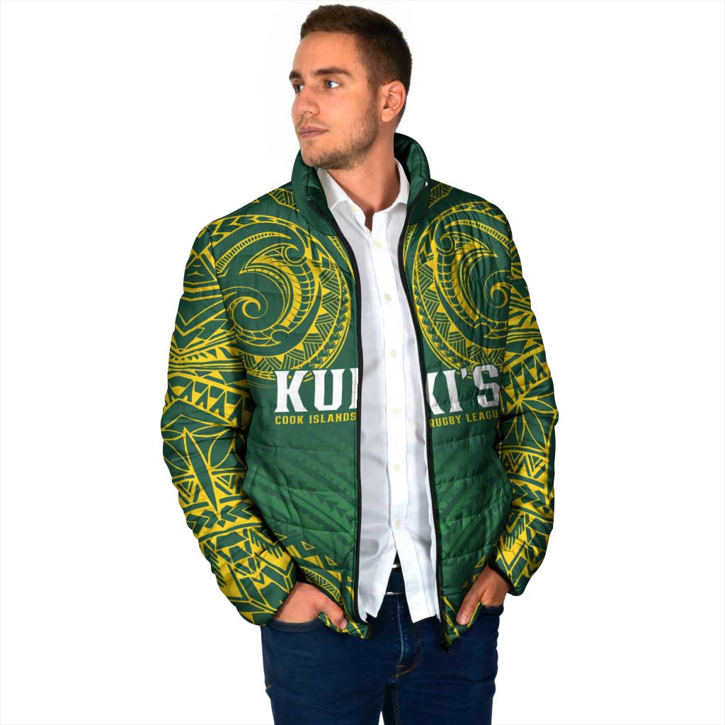 World Rugby Cook Islands Padded Jacket Green Polynesian Tribal Pattern - Polynesian Pride
