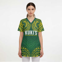 World Rugby Cook Islands Scrub Top Green Polynesian Tribal Pattern - Polynesian Pride