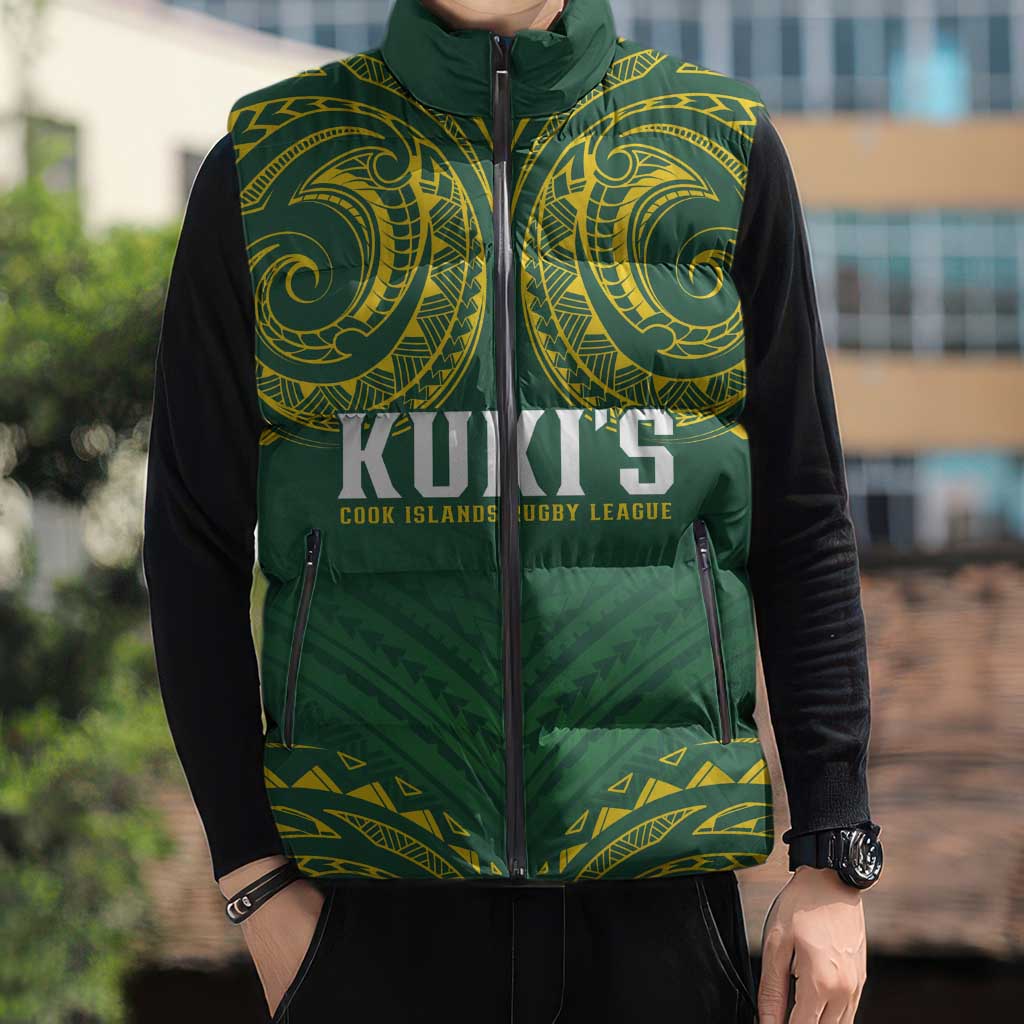 World Rugby Cook Islands Sleeveless Puffer Jacket Green Polynesian Tribal Pattern - Polynesian Pride
