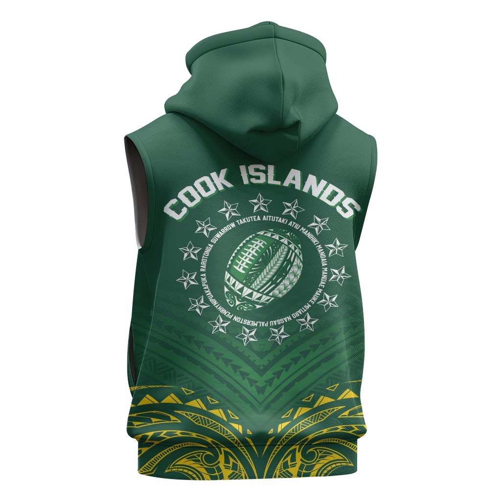 World Rugby Cook Islands Sleeveless Zip Hoodie Green Polynesian Tribal Pattern - Polynesian Pride