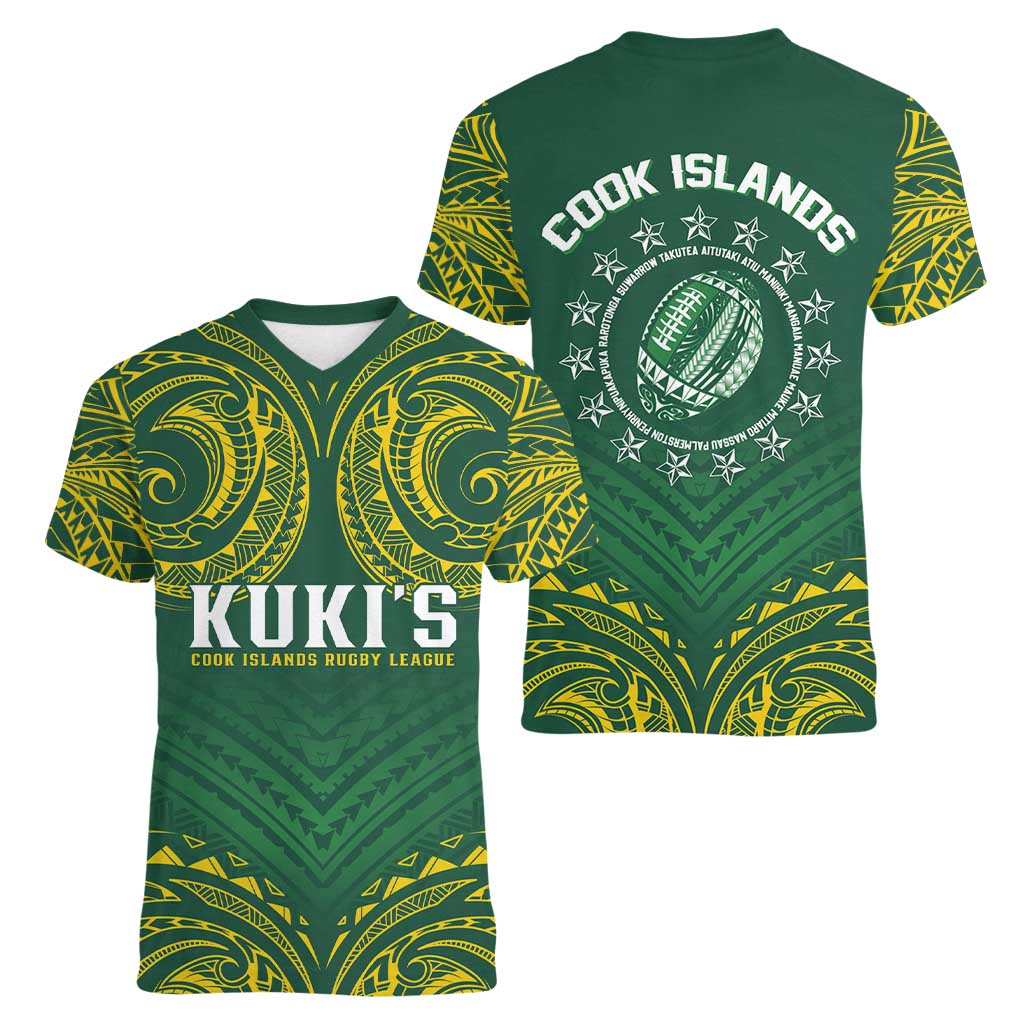 World Rugby Cook Islands Women V-Neck T-Shirt Green Polynesian Tribal Pattern - Polynesian Pride