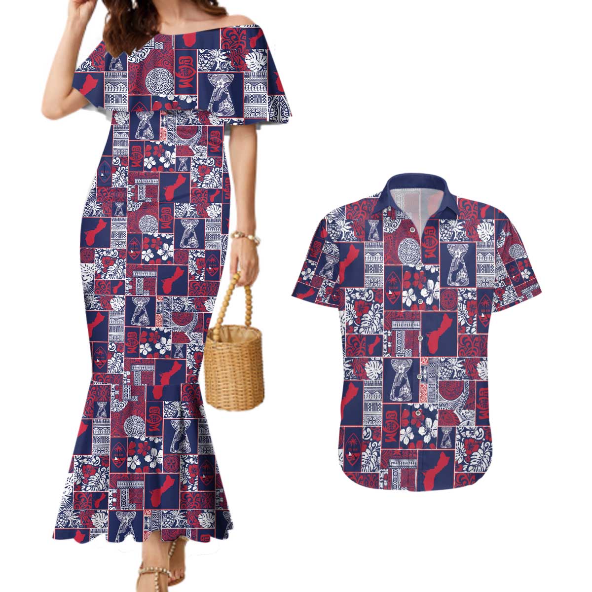Guam Felis Pasgua Couples Matching Mermaid Dress and Hawaiian Shirt Pacific Patchwork Xmas Vibes - Polynesian Pride