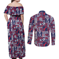 Guam Felis Pasgua Couples Matching Off Shoulder Maxi Dress and Long Sleeve Button Shirt Pacific Patchwork Xmas Vibes - Polynesian Pride