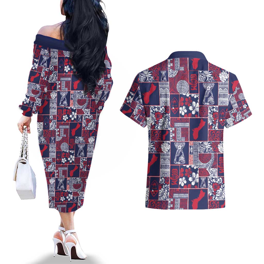Guam Felis Pasgua Couples Matching Off The Shoulder Long Sleeve Dress and Hawaiian Shirt Pacific Patchwork Xmas Vibes - Polynesian Pride