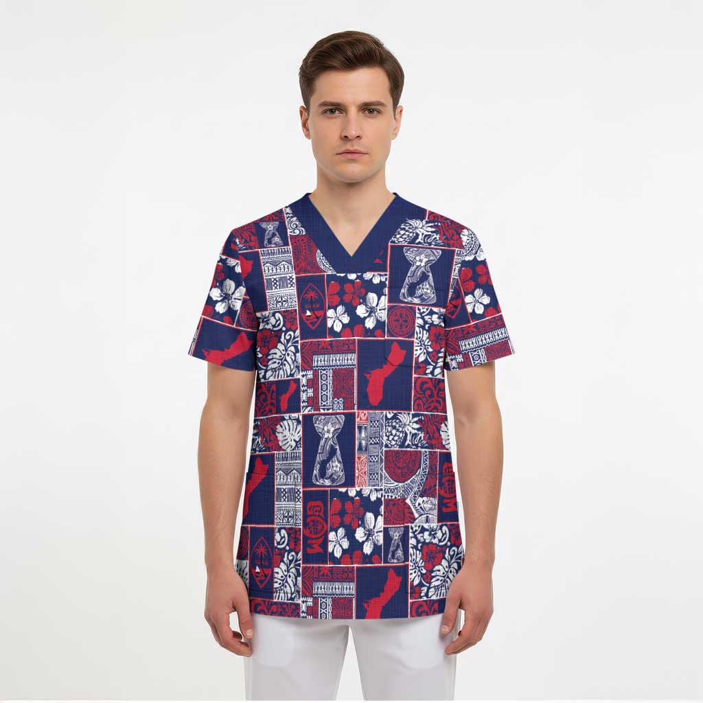 Guam Felis Pasgua Scrub Top Pacific Patchwork Xmas Vibes - Polynesian Pride