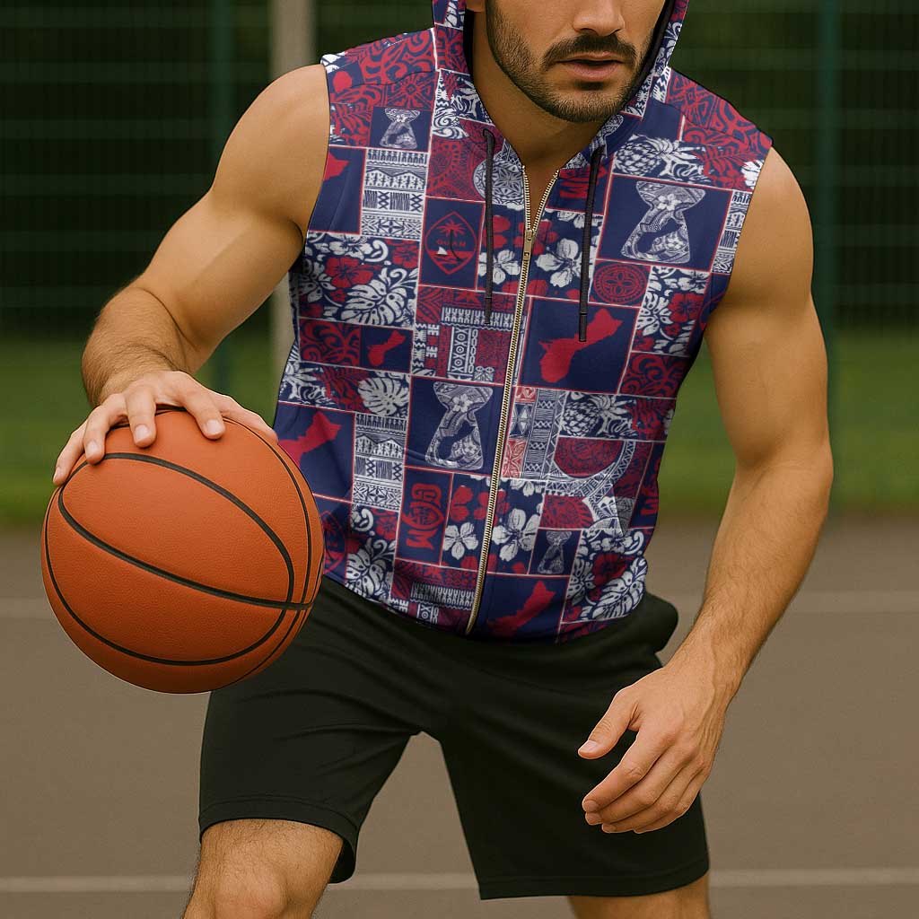 Guam Felis Pasgua Sleeveless Zip Hoodie Pacific Patchwork Xmas Vibes - Polynesian Pride