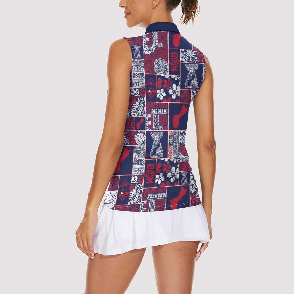 Guam Felis Pasgua Women Sleeveless Polo Shirt Pacific Patchwork Xmas Vibes - Polynesian Pride