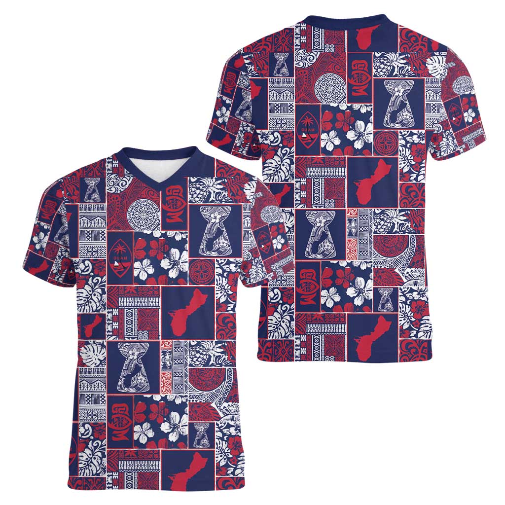 Guam Felis Pasgua Women V-Neck T-Shirt Pacific Patchwork Xmas Vibes - Polynesian Pride