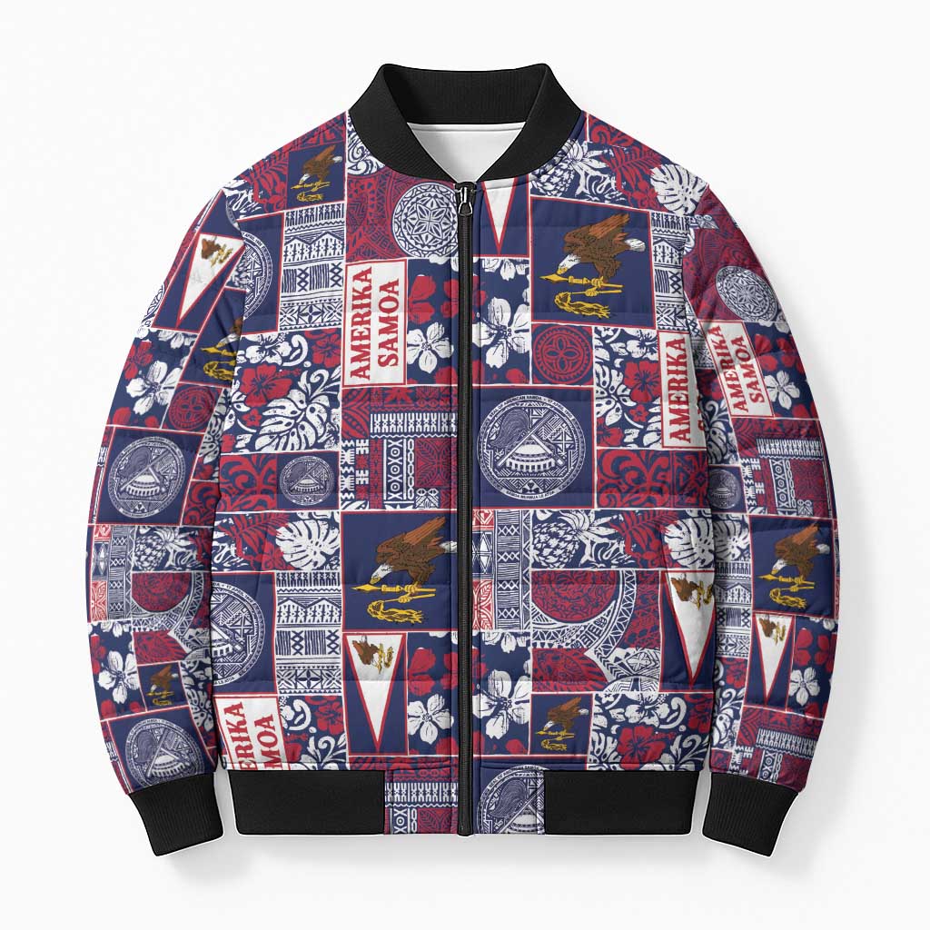 Manuia le Kerisimasi American Samoa Bomber Puffer Jacket Pacific Patchwork Xmas Vibes LT9 Unisex Blue - Polynesian Pride