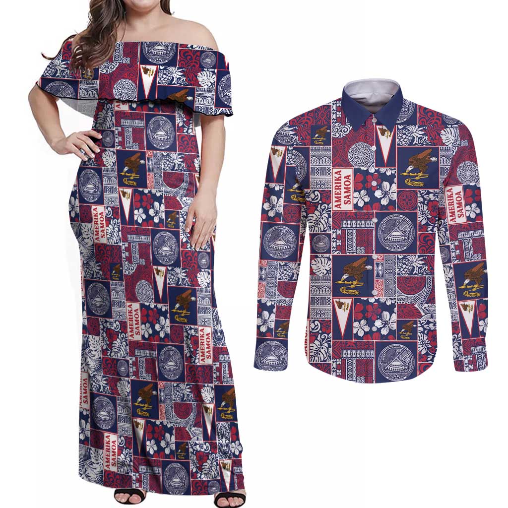 Manuia le Kerisimasi American Samoa Couples Matching Off Shoulder Maxi Dress and Long Sleeve Button Shirt Pacific Patchwork Xmas Vibes LT9 Blue - Polynesian Pride