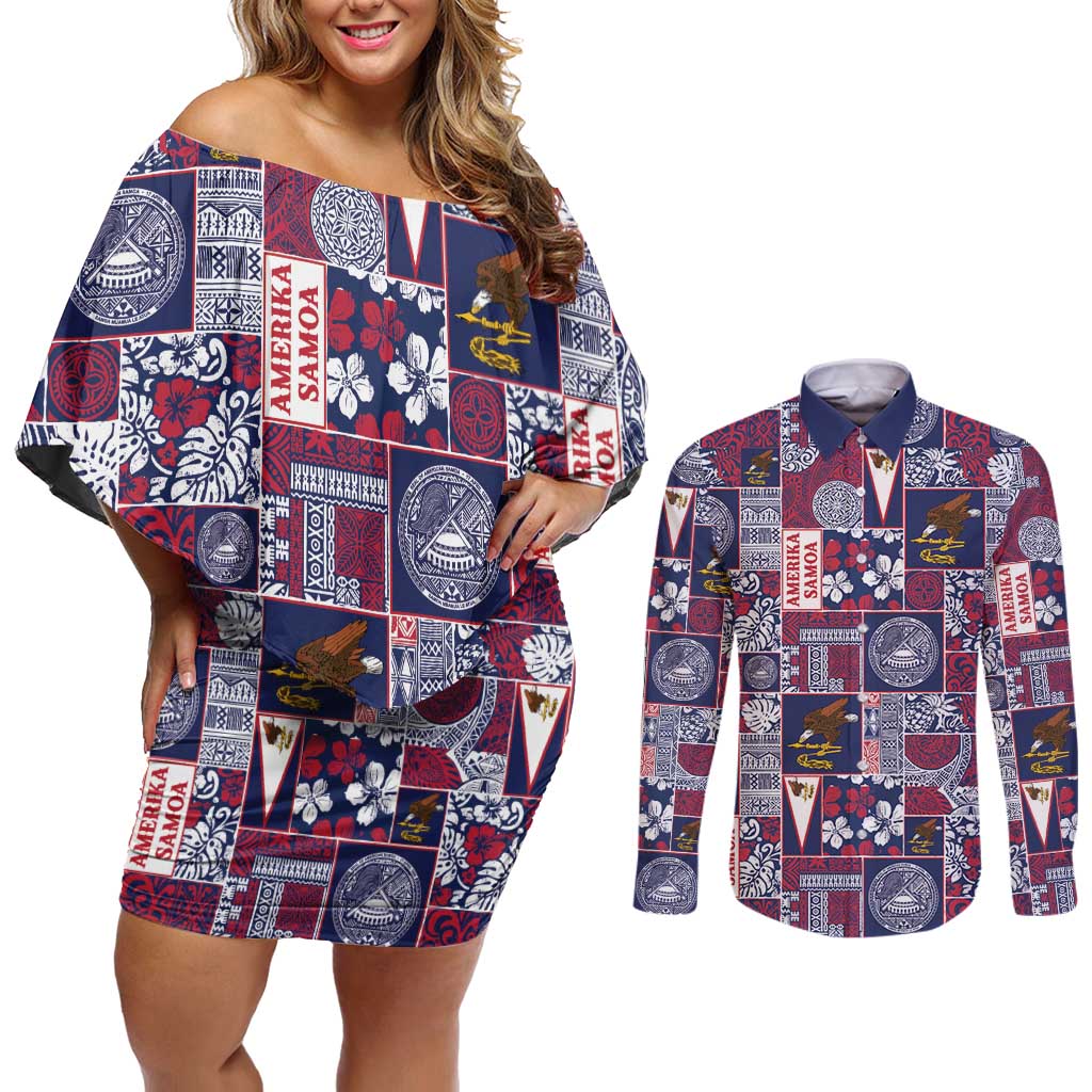 Manuia le Kerisimasi American Samoa Couples Matching Off Shoulder Short Dress and Long Sleeve Button Shirt Pacific Patchwork Xmas Vibes LT9 Blue - Polynesian Pride