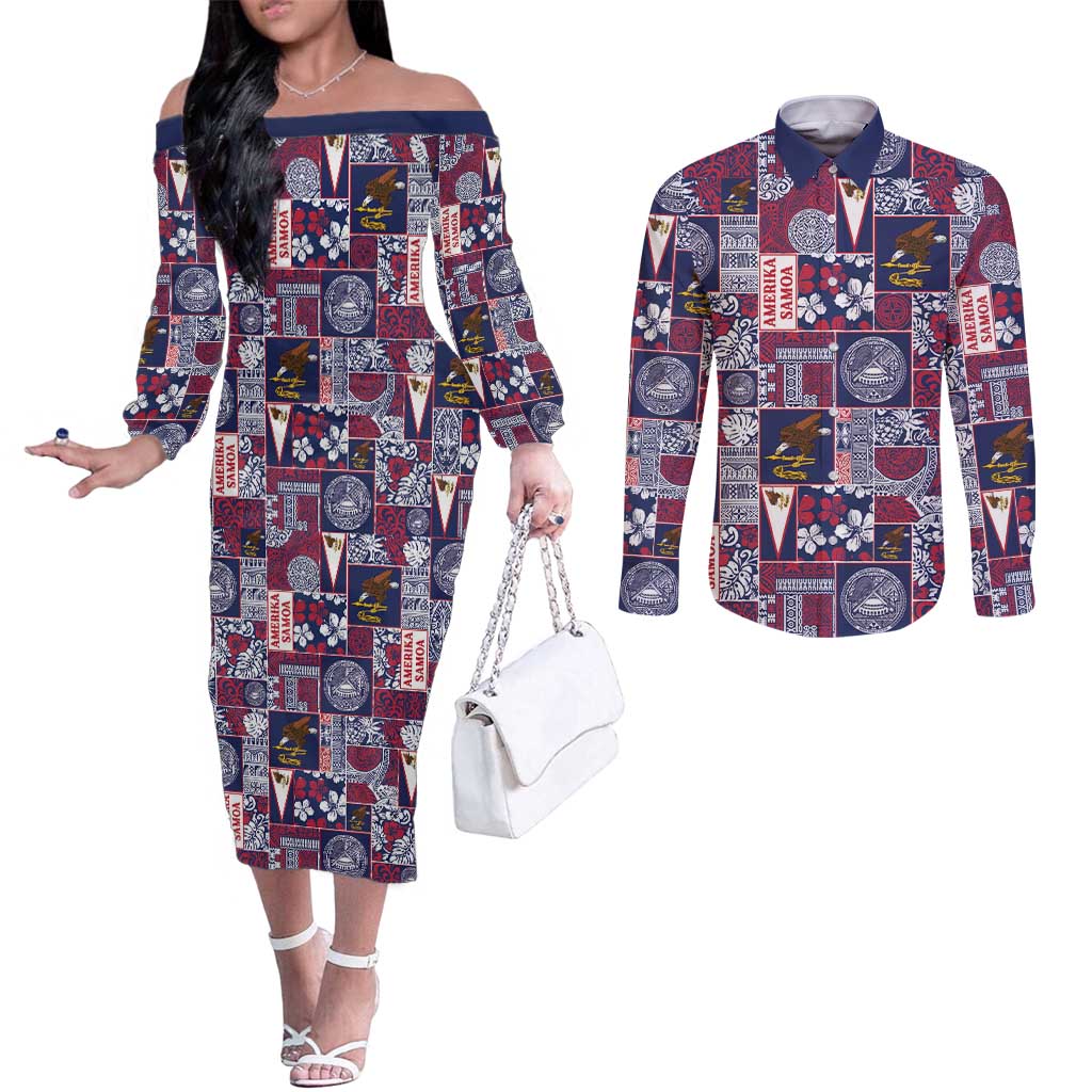 Manuia le Kerisimasi American Samoa Couples Matching Off The Shoulder Long Sleeve Dress and Long Sleeve Button Shirt Pacific Patchwork Xmas Vibes LT9 Blue - Polynesian Pride