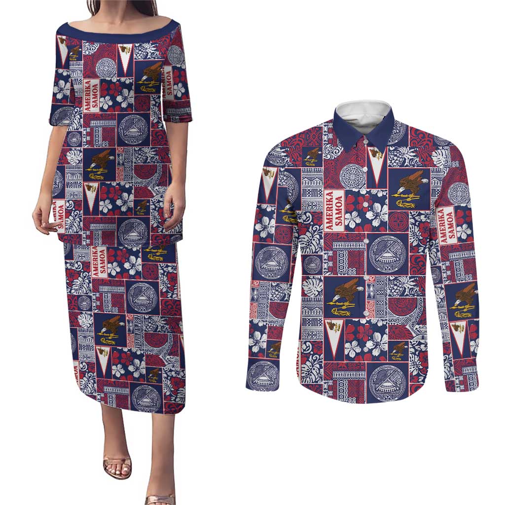 Manuia le Kerisimasi American Samoa Couples Matching Puletasi and Long Sleeve Button Shirt Pacific Patchwork Xmas Vibes LT9 Blue - Polynesian Pride