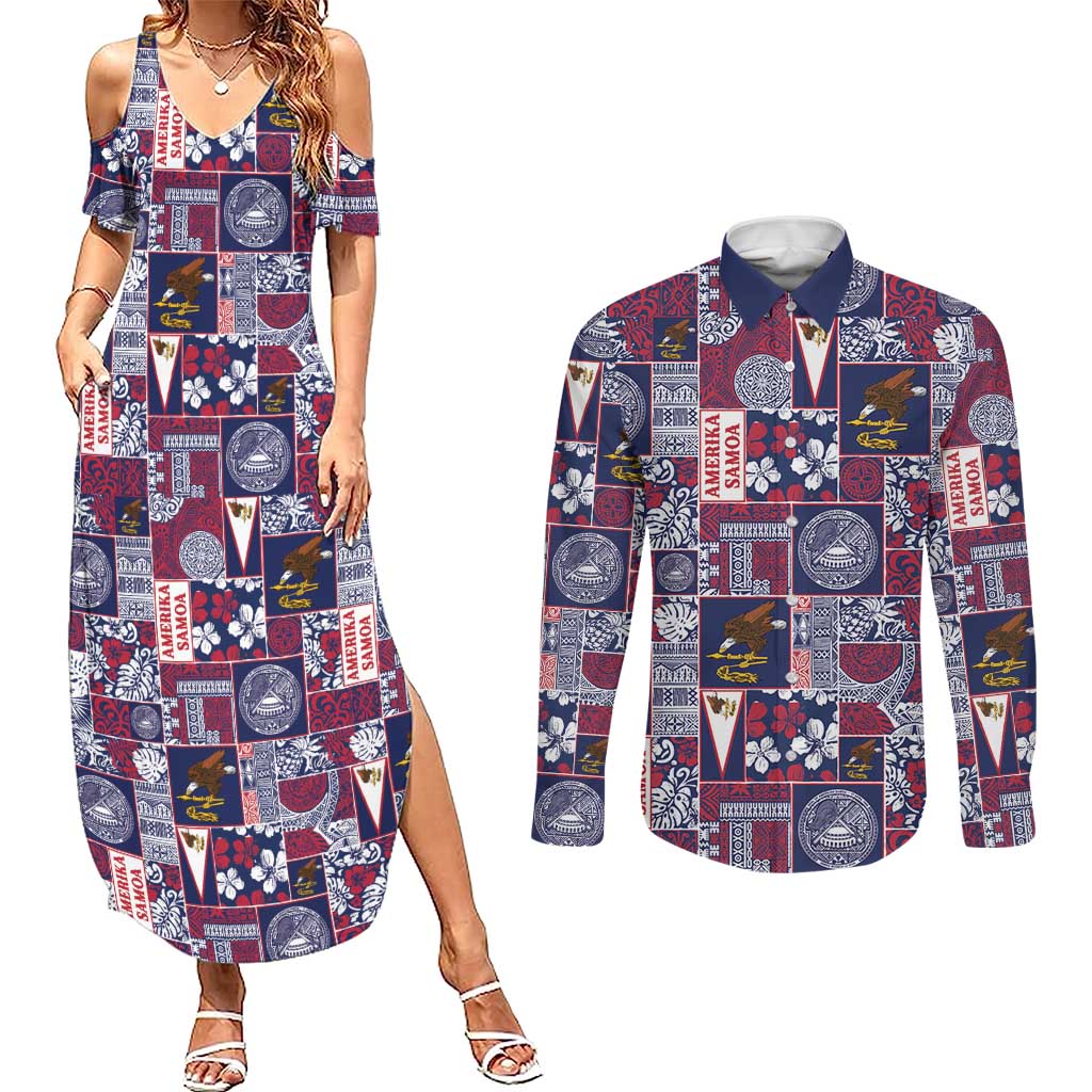 Manuia le Kerisimasi American Samoa Couples Matching Summer Maxi Dress and Long Sleeve Button Shirt Pacific Patchwork Xmas Vibes LT9 Blue - Polynesian Pride