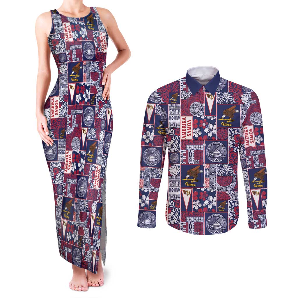 Manuia le Kerisimasi American Samoa Couples Matching Tank Maxi Dress and Long Sleeve Button Shirt Pacific Patchwork Xmas Vibes LT9 Blue - Polynesian Pride