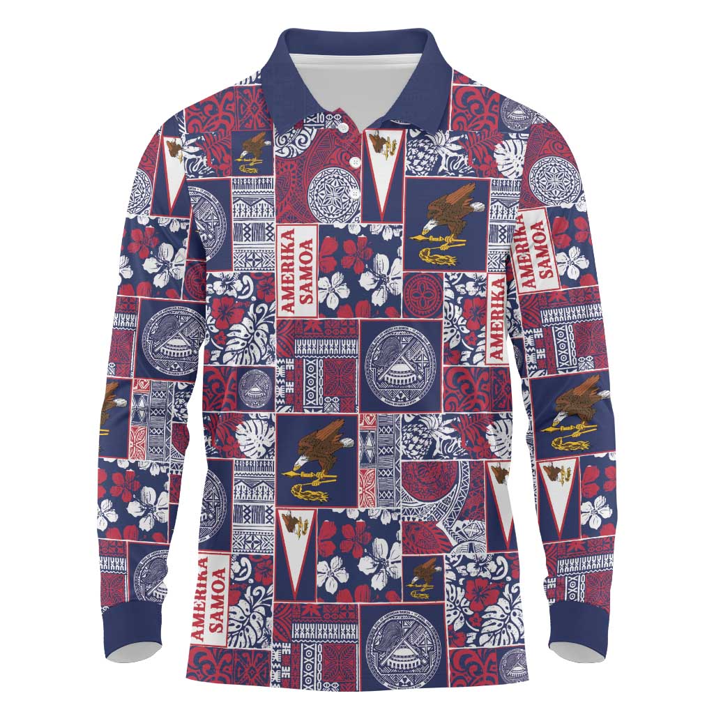 Manuia le Kerisimasi American Samoa Long Sleeve Polo Shirt Pacific Patchwork Xmas Vibes LT9 Blue - Polynesian Pride