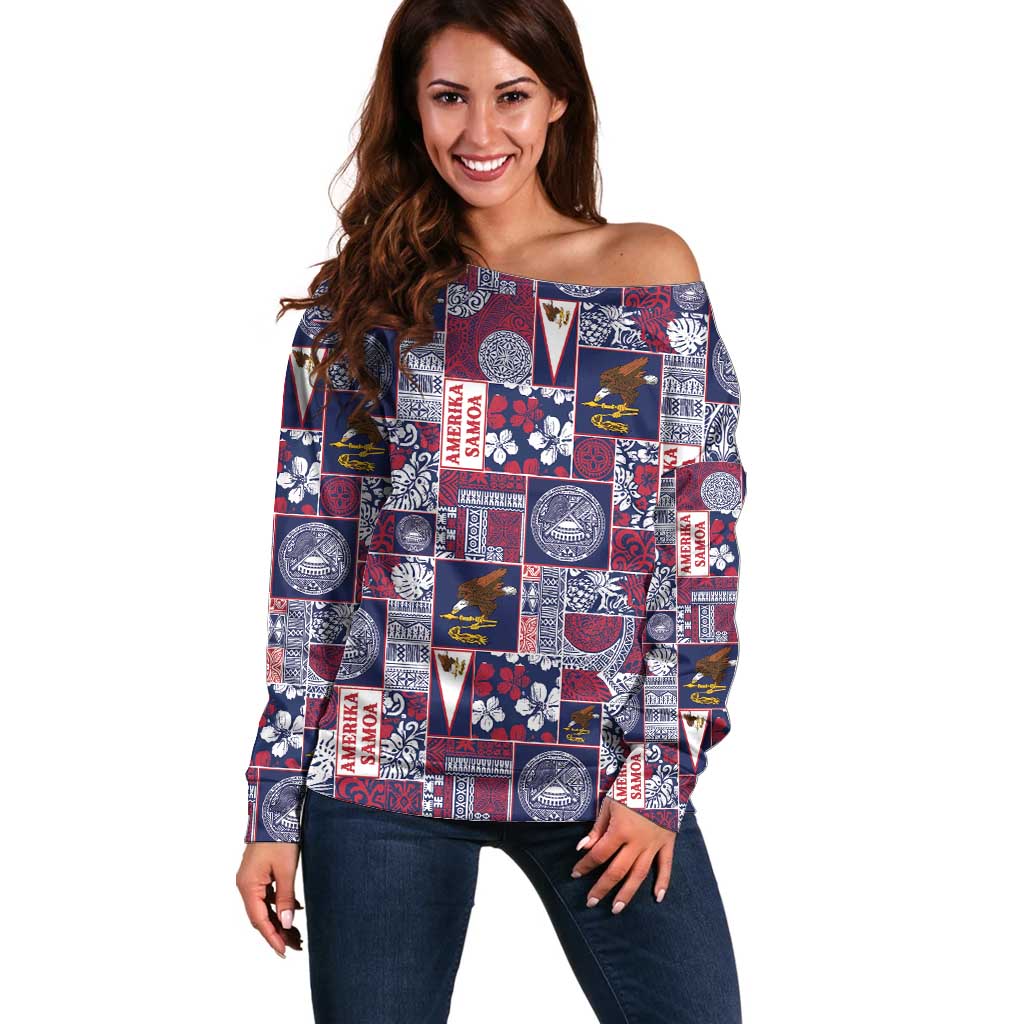 Manuia le Kerisimasi American Samoa Off Shoulder Sweater Pacific Patchwork Xmas Vibes LT9 Women Blue - Polynesian Pride
