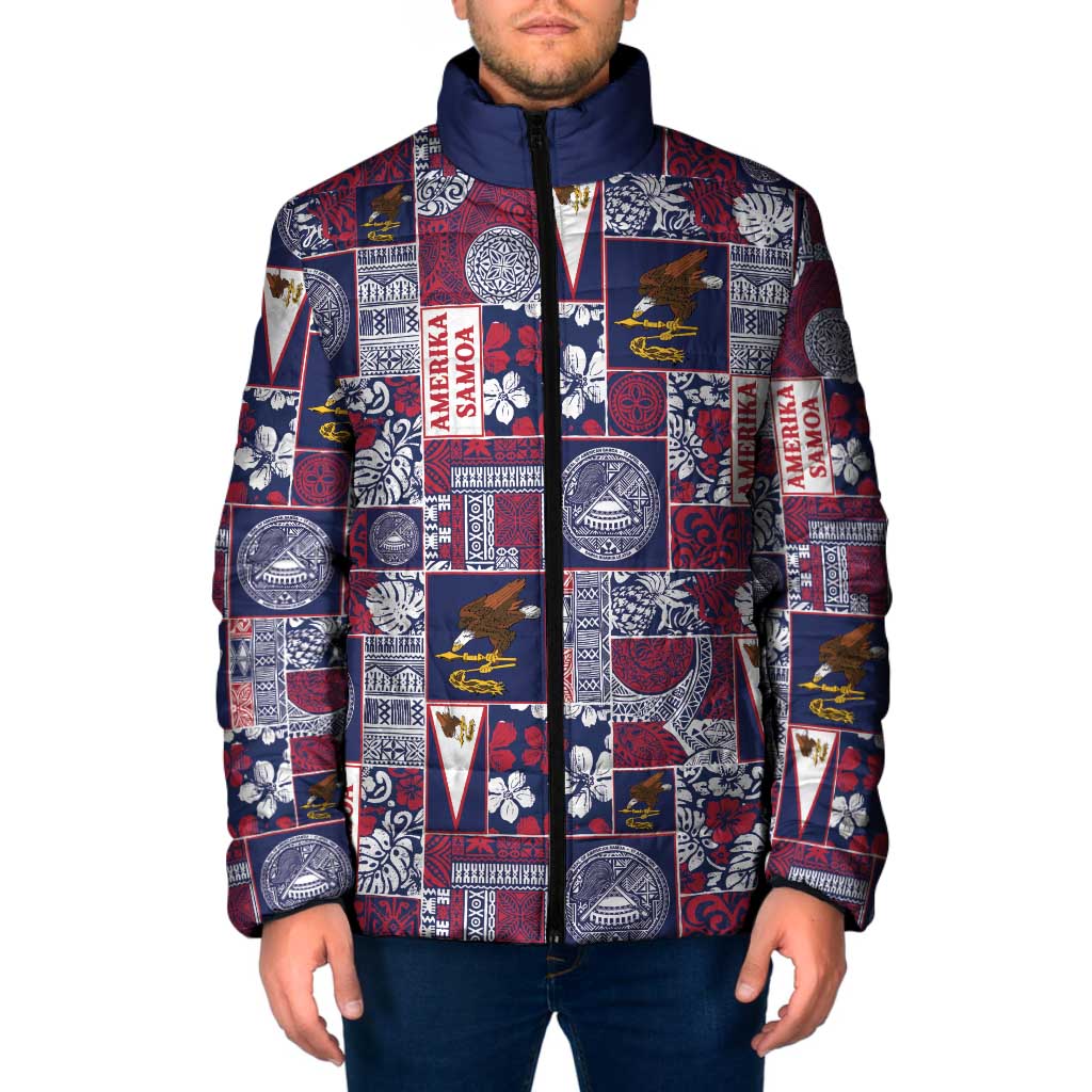 Manuia le Kerisimasi American Samoa Padded Jacket Pacific Patchwork Xmas Vibes LT9 Men Blue - Polynesian Pride