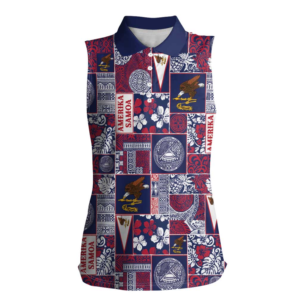 Manuia le Kerisimasi American Samoa Women Sleeveless Polo Shirt Pacific Patchwork Xmas Vibes LT9 Female Blue - Polynesian Pride