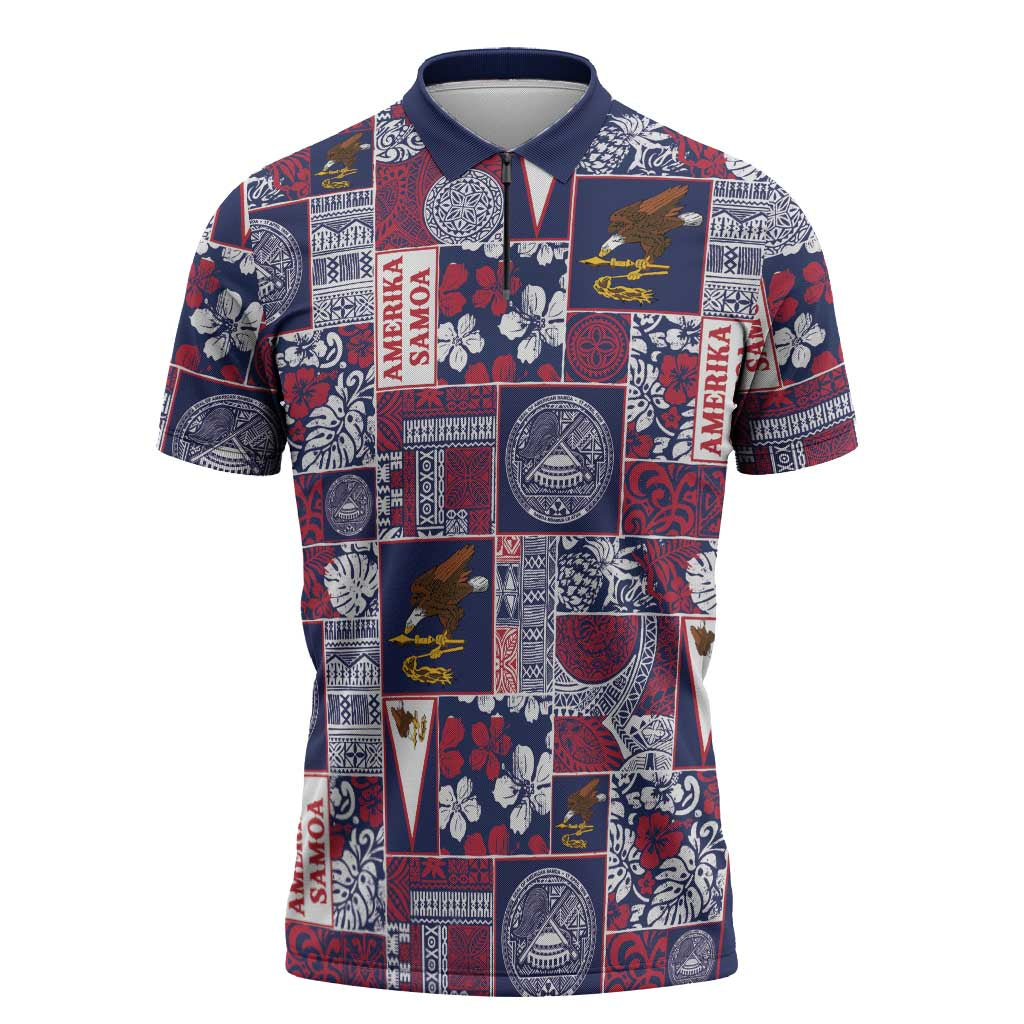 Manuia le Kerisimasi American Samoa Zipper Polo Shirt Pacific Patchwork Xmas Vibes LT9 Blue - Polynesian Pride