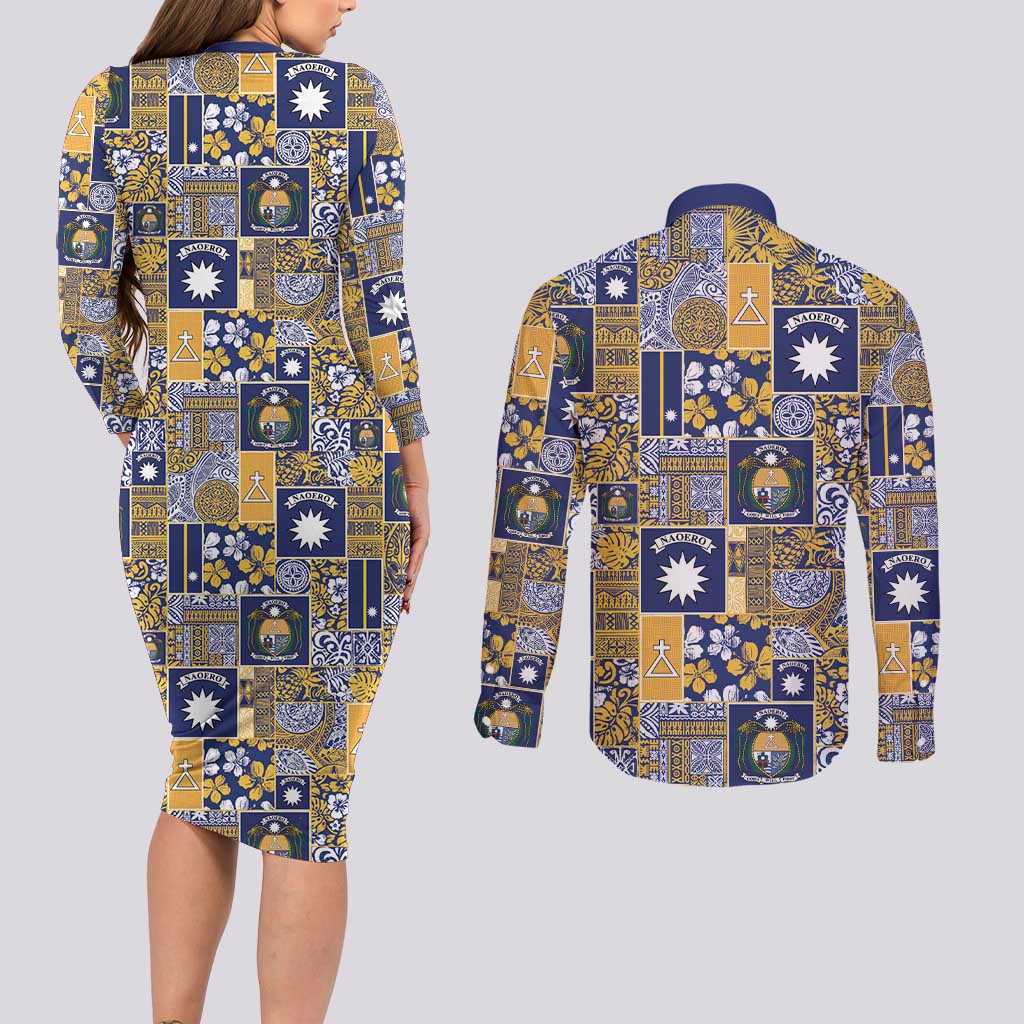 Ekamawir omo Nauru Couples Matching Long Sleeve Bodycon Dress and Long Sleeve Button Shirt Pacific Patchwork Xmas Vibes - Polynesian Pride