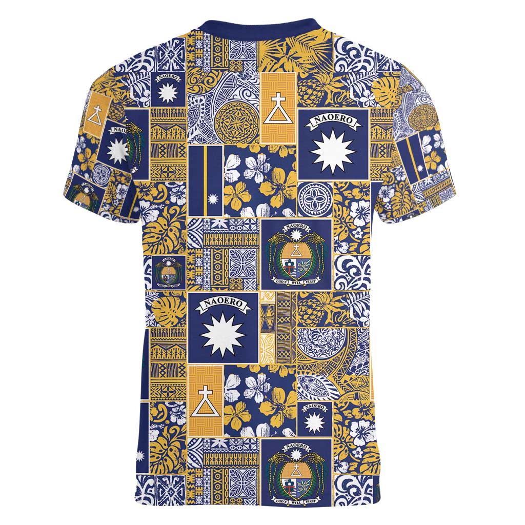 Ekamawir omo Nauru Women V-Neck T-Shirt Pacific Patchwork Xmas Vibes - Polynesian Pride