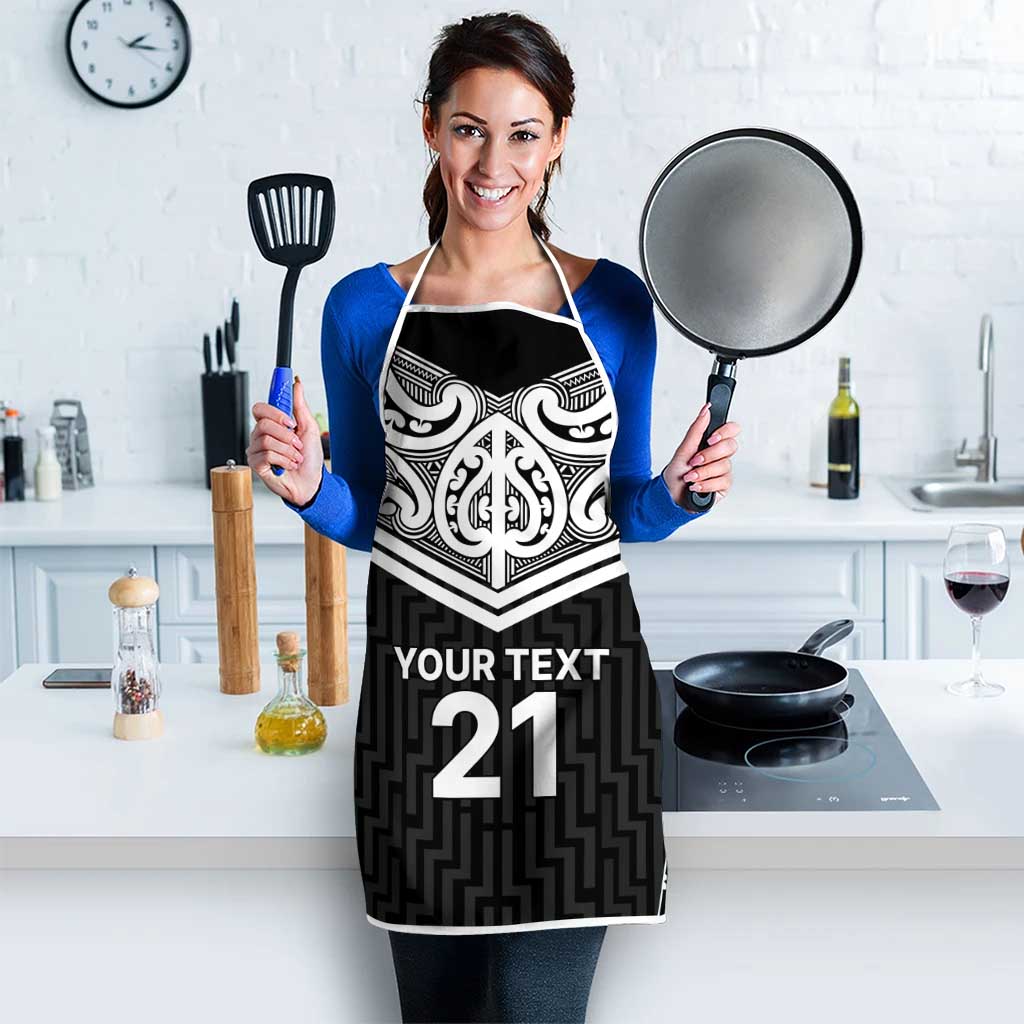 New Zealand Black Fern Custom Apron Maori Tukutuku Black-white Motif - Polynesian Pride