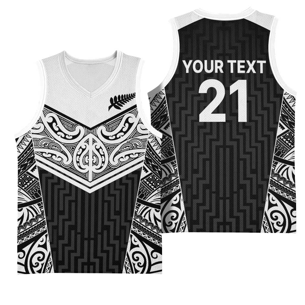 New Zealand Black Fern Custom Basketball Jersey Maori Tukutuku Black-white Motif - Polynesian Pride