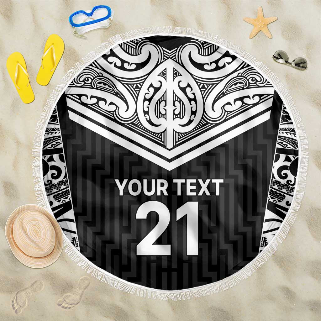 New Zealand Black Fern Custom Beach Blanket Maori Tukutuku Black-white Motif